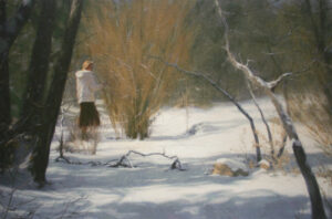 Blanket of Snow, giclee print by Dan Schultz. Young woman in a white coat outdoors in a snowy landscape.