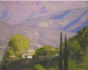 Bright Ojai Morning, giclee print by Dan Schultz. Green, sunlit foreground with Italian Cypress trees and a pink mountain background with purple shadows.