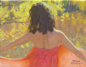 Expression, giclee print by Dan Schultz. Woman in a red dress in an Autumn field.