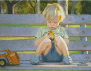 Favorite Trucks, giclee print by Dan Schultz. Young boy sitting on a park bench playing with toy trucks.