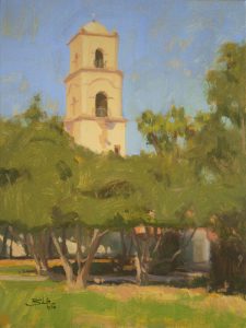 Ojai Icon, giclee print by Dan Schultz. Spanish-style Ojai tower rises above green trees under a blue sky.