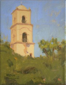 Ojai Icon, giclee print by Dan Schultz. Spanish-style Ojai tower rises above green trees under a blue sky.
