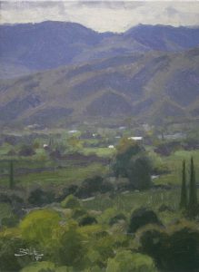 Quiet Valley, giclee print by Dan Schultz. Overlooking a lush, moody valley of green, blues and violet colors.