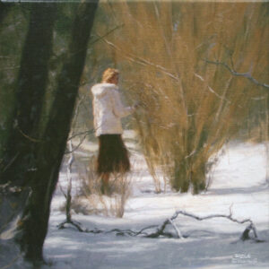 Blanket of Snow, giclee print by Dan Schultz. Young woman in a white coat outdoors in a snowy landscape.