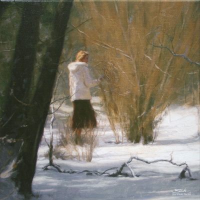 Blanket of Snow, giclee print by Dan Schultz. Young woman in a white coat outdoors in a snowy landscape.