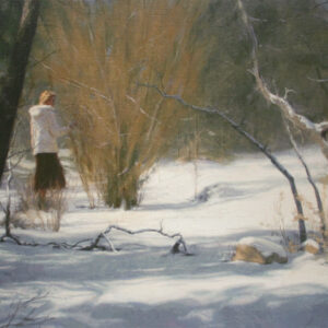 Blanket of Snow, giclee print by Dan Schultz. Young woman in a white coat outdoors in a snowy landscape.
