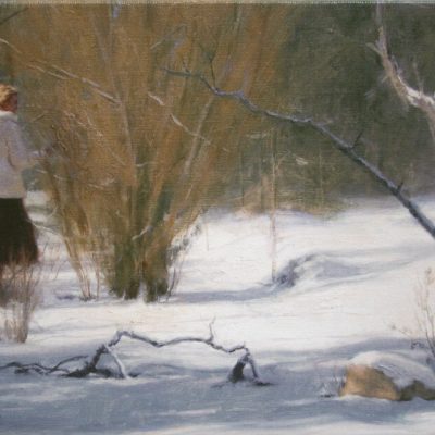 Blanket of Snow, giclee print by Dan Schultz. Young woman in a white coat outdoors in a snowy landscape.