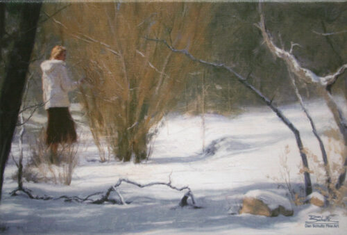 Blanket of Snow, giclee print by Dan Schultz. Young woman in a white coat outdoors in a snowy landscape.