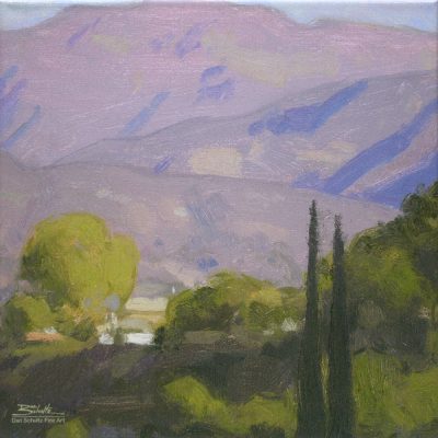 Bright Ojai Morning, giclee print by Dan Schultz. Green, sunlit foreground with Italian Cypress trees and a pink mountain background with purple shadows.
