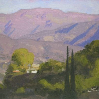 Bright Ojai Morning, giclee print by Dan Schultz. Green, sunlit foreground with Italian Cypress trees and a pink mountain background with purple shadows.
