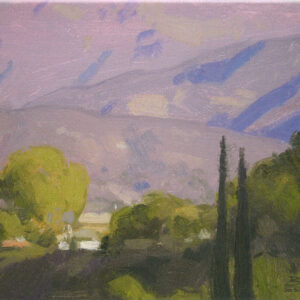 Bright Ojai Morning, giclee print by Dan Schultz. Green, sunlit foreground with Italian Cypress trees and a pink mountain background with purple shadows.