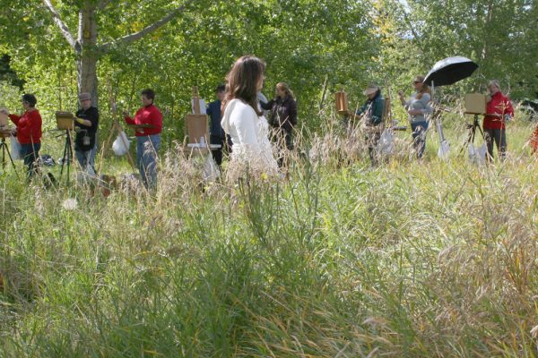 Dan Schultz Painting Workshop in Alberta, Canada with a model posing outdoors in a green meadow.