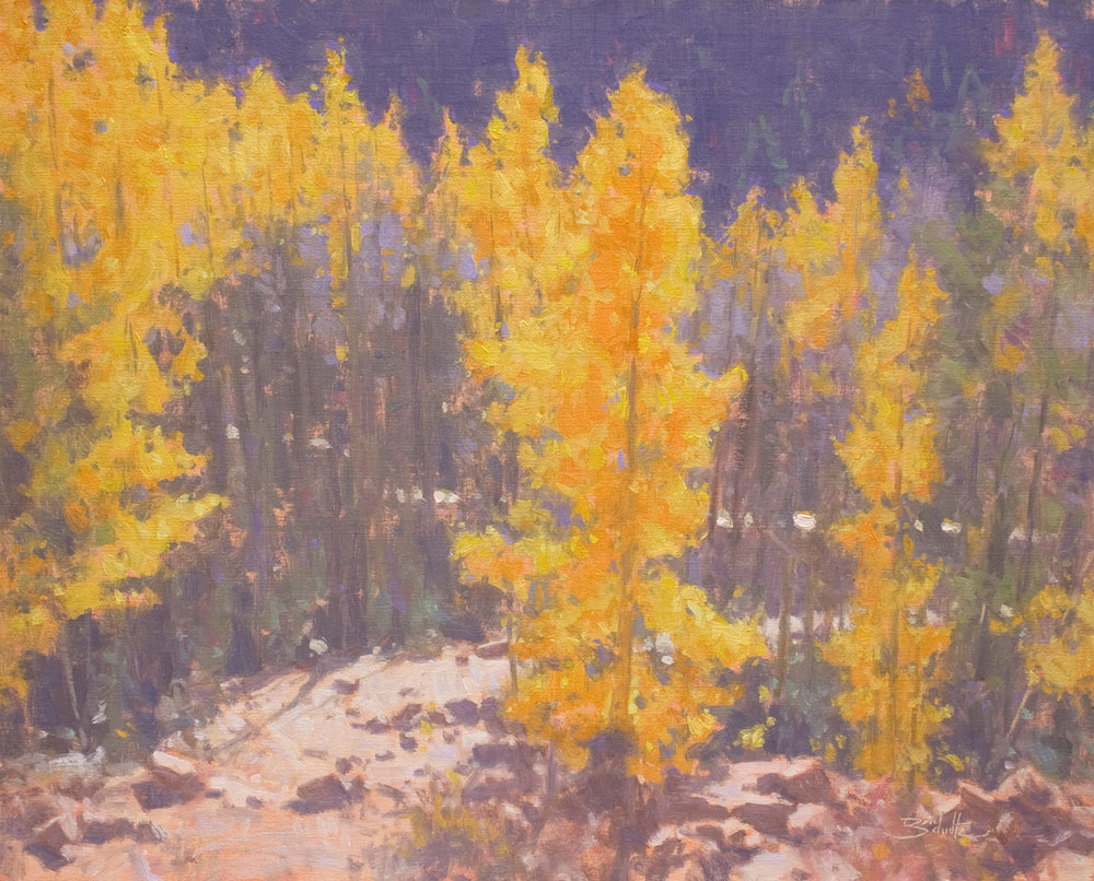 Descent into Autumn, oil painting of golden autumn trees by Dan Schultz