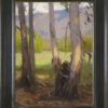Eucalyptus Grove, giclee print by Dan Schultz. Eucalyptus trees near a meadow with a mountain backdrop.