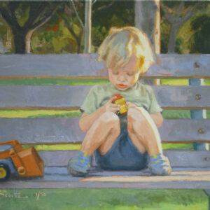 Favorite Trucks, giclee print by Dan Schultz. Young boy sitting on a park bench playing with toy trucks.