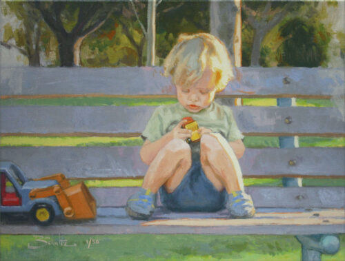 Favorite Trucks, giclee print by Dan Schultz. Young boy sitting on a park bench playing with toy trucks.