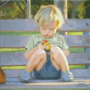 Favorite Trucks, giclee print by Dan Schultz. Young boy sitting on a park bench playing with toy trucks.