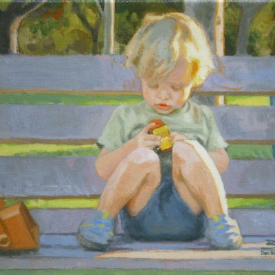 Favorite Trucks, giclee print by Dan Schultz. Young boy sitting on a park bench playing with toy trucks.