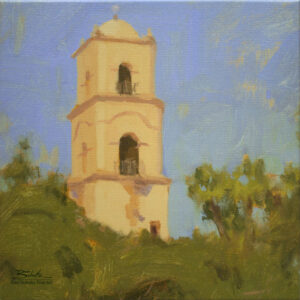 Ojai Icon, giclee print by Dan Schultz. Spanish-style Ojai tower rises above green trees under a blue sky.