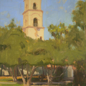 Ojai Icon, giclee print by Dan Schultz. Spanish-style Ojai tower rises above green trees under a blue sky.