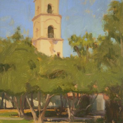 Ojai Icon, giclee print by Dan Schultz. Spanish-style Ojai tower rises above green trees under a blue sky.