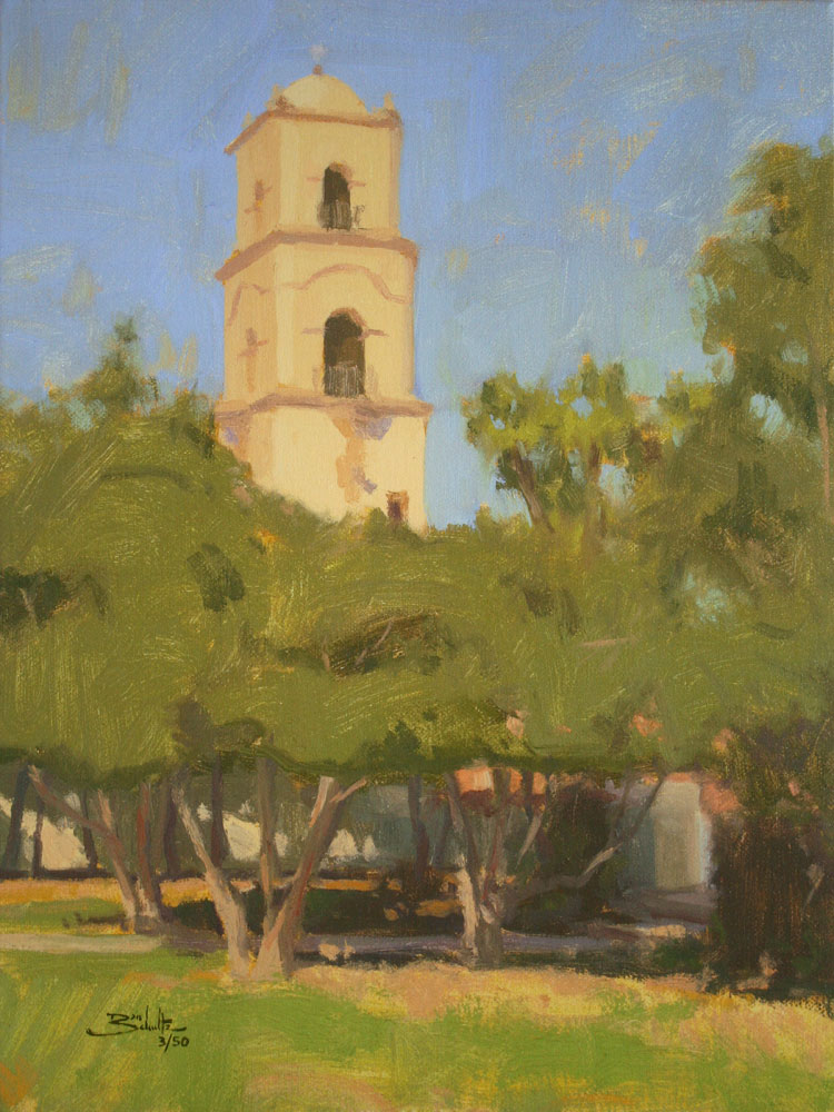 Ojai Icon, giclee print by Dan Schultz. Spanish-style Ojai tower rises above green trees under a blue sky.