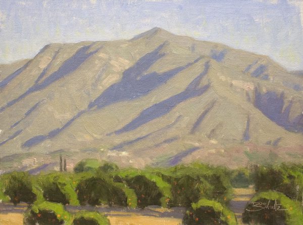 Ojai Morning Light • 9x12 inches • Oil on Linen Panel • Complementary colors were used to make the gray colors in the mountains.