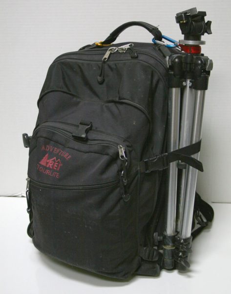 Backpack with Tripod Attached and Open Box M Pochade Box Inside