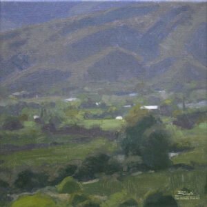 Quiet Valley, giclee print by Dan Schultz. Overlooking a lush, moody valley of green, blues and violet colors.