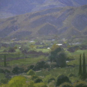 Quiet Valley, giclee print by Dan Schultz. Overlooking a lush, moody valley of green, blues and violet colors.