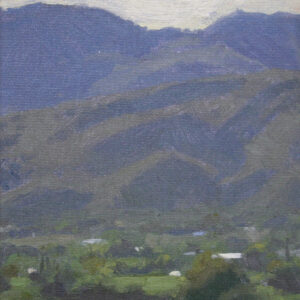 Quiet Valley, giclee print by Dan Schultz. Overlooking a lush, moody valley of green, blues and violet colors.