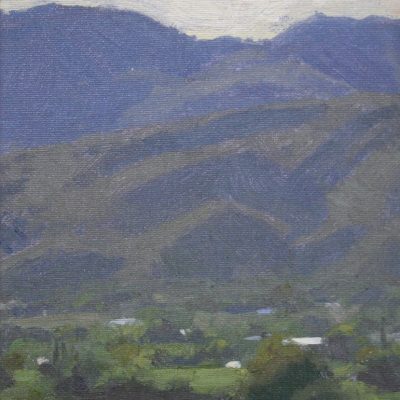 Quiet Valley, giclee print by Dan Schultz. Overlooking a lush, moody valley of green, blues and violet colors.