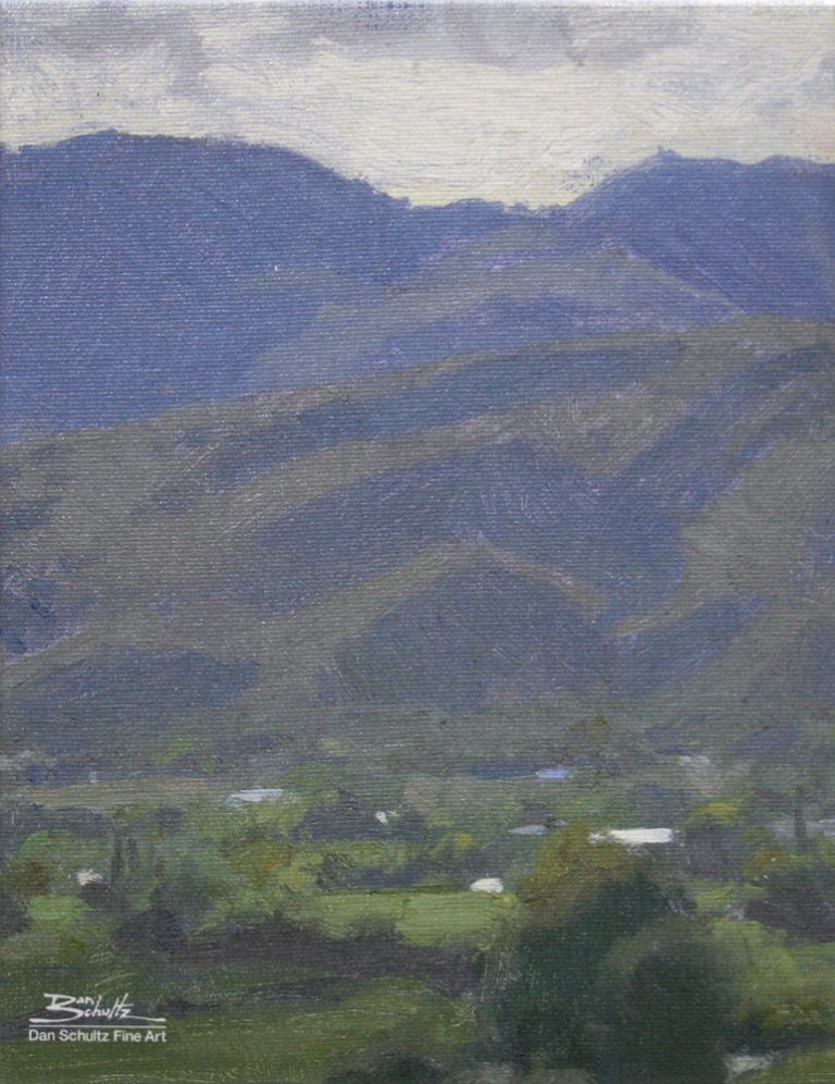 Quiet Valley, giclee print by Dan Schultz. Overlooking a lush, moody valley of green, blues and violet colors.