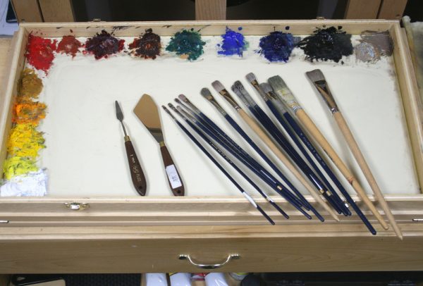 Dan Schultz studio palette and brushes.