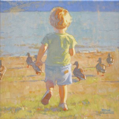 The Chase, giclee print by Dan Schultz. Young boy chasing ducks toward a rippling lake.