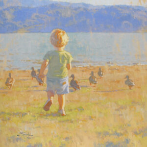 The Chase, giclee print by Dan Schultz. Young boy chasing ducks toward a rippling lake.