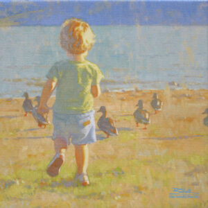 The Chase, giclee print by Dan Schultz. Young boy chasing ducks toward a rippling lake.