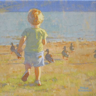 The Chase, giclee print by Dan Schultz. Young boy chasing ducks toward a rippling lake.