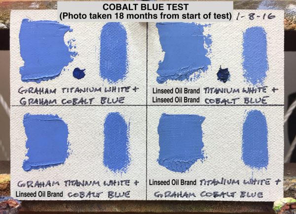 Cobalt Blue Oil Paint Test between M. Graham &amp; Co. (walnut oil based) and a popular brand made with linseed oil, (photo taken 18 months from start of test)