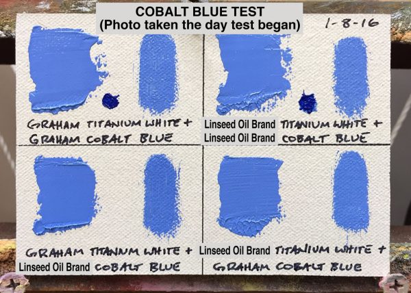 Cobalt Blue Oil Paint Test between M. Graham &amp; Co. (walnut oil based) and a popular brand made with linseed oil, (photo taken the day test began)