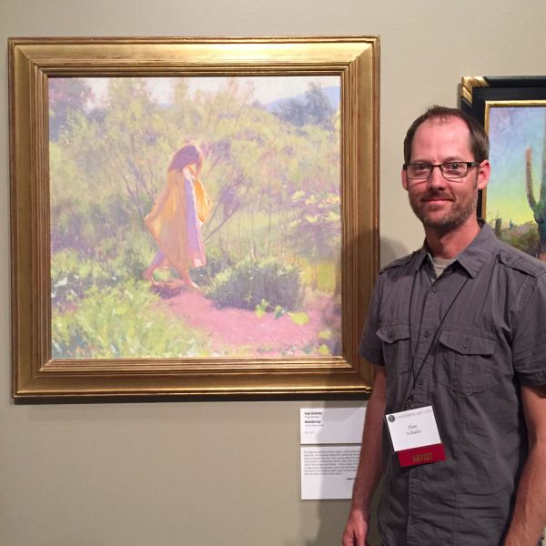 Dan Schultz with his painting "Wandering" at the 2017 California Art Club Gold Medal Exhibition at the Autry Museum in Los Angeles, California