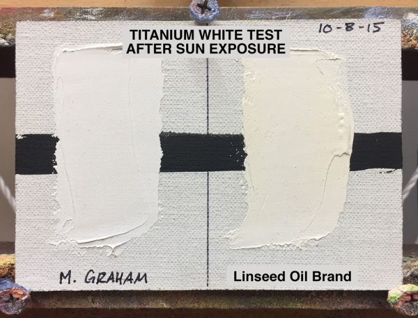 Titanium White Test 23 Days after Sun Exposure :: Left swatch: M. Graham &amp; Co. (walnut oil based), Right swatch: Popular brand made with linseed oil, (21 months since start of test)