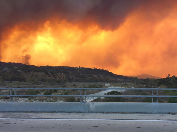 The Thomas Fire burning behind the Ventura River Preserve in the Ojai Valley.