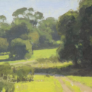 Spring Renewal, plein air oil painting by Dan Schultz. Springtime green grasses and a path lead into a lush landscape with trees.