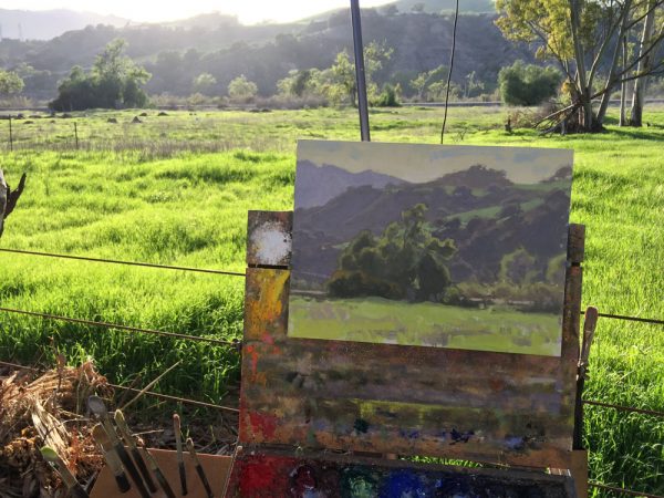 Dan Schultz's late afternoon painting "Ojai Valley Atmosphere" on the easel. 9x12 inches, oil on linen panel.