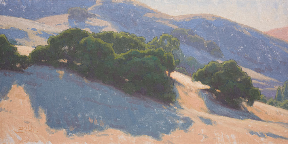 Hillside Oaks, 12x24 oil painting by Dan Schultz. Rolling golden California hills dotted with backlit oak trees in the beautiful afternoon sunshine.