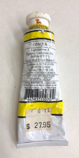 The label on the back of a tube of Cadmium Yellow Light oil paint from M. Graham & Co.