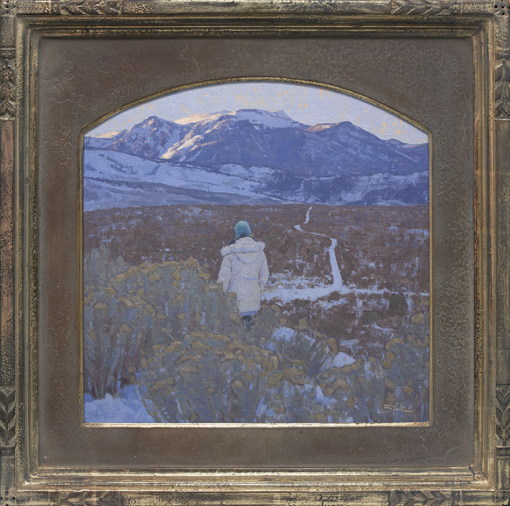 Framed view of "The Old Road", Oil on Linen Panel, 18x18 inches by Dan Schultz