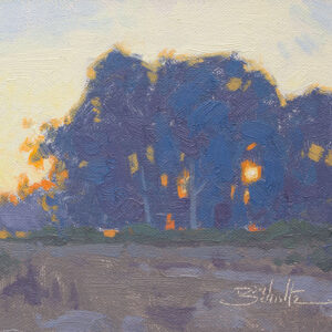Eventide, 5x7 oil painting by Dan Schultz. Quiet evening light illuminates a silhouetted grove of Eucalyptus trees with the sun peeking through.