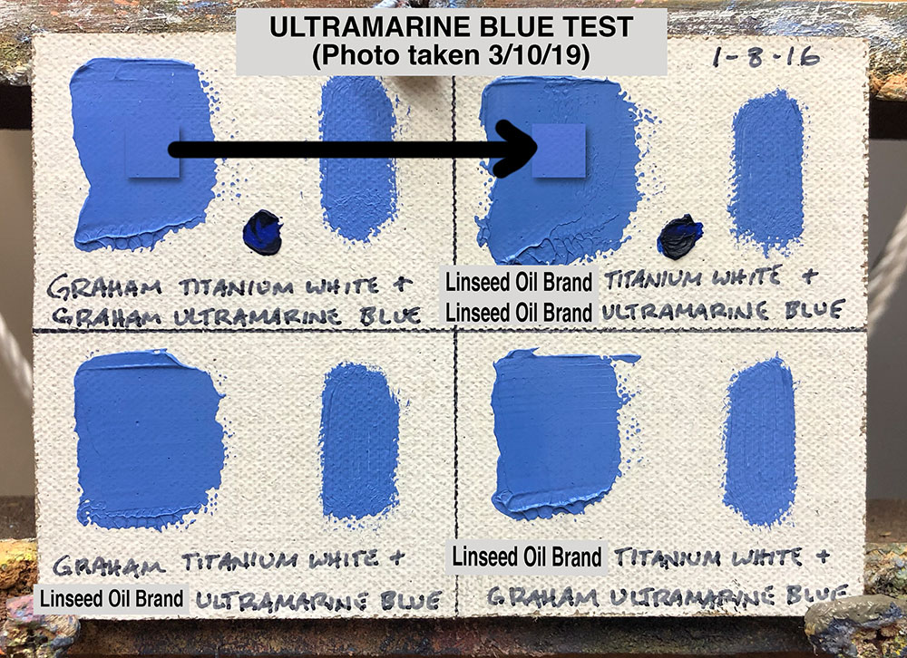 Ultramarine Blue Oil Paint Test between M. Graham & Co. (walnut oil based) and a popular brand made with linseed oil